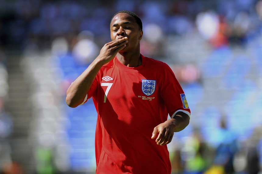 Raheem Sterling celebrates his goal against Rwanda in the World Cup.